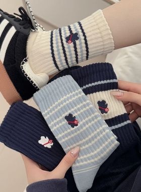 2025秋季新款复古袜子女条纹刺绣韩版ins风中筒棉袜拼色女袜长筒