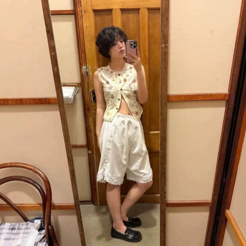 现～蕾丝边口袋短裤韩国设计师女装甜美花边拼接韩系裤子viaplai*