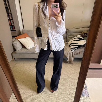 真的很好看～韩系褶皱肌理感长袖衬衣女设计感松弛风休闲宽松衬衣
