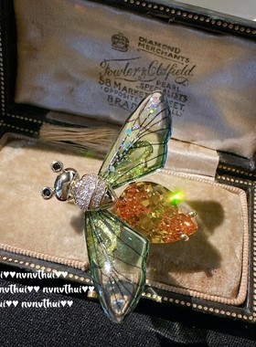 塞纳河畔鹅黄水滴宝石蜜蜂胸针 Vintage 镀18K金蜻蜓翅膀锆石胸针