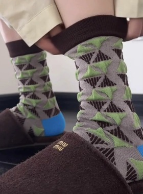 日系复古撞色浮雕花纹中筒袜子女春夏植物花卉堆堆袜ins潮流女袜