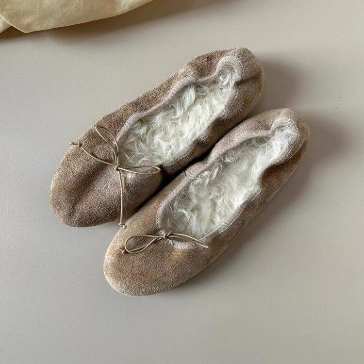 超舒适～羊毛蛋卷芭蕾风一脚蹬毛毛鞋加绒单鞋女蝴蝶结通勤平底鞋