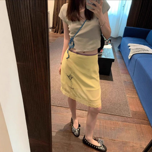 好看～夏日微醺 原创设计酒杯印花蕾丝边撞色半身裙