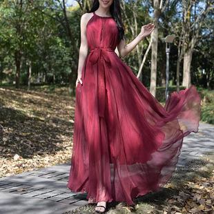 2025夏超仙时尚 背心大摆长裙 旅游度假拍照连衣裙收腰显瘦真丝无袖