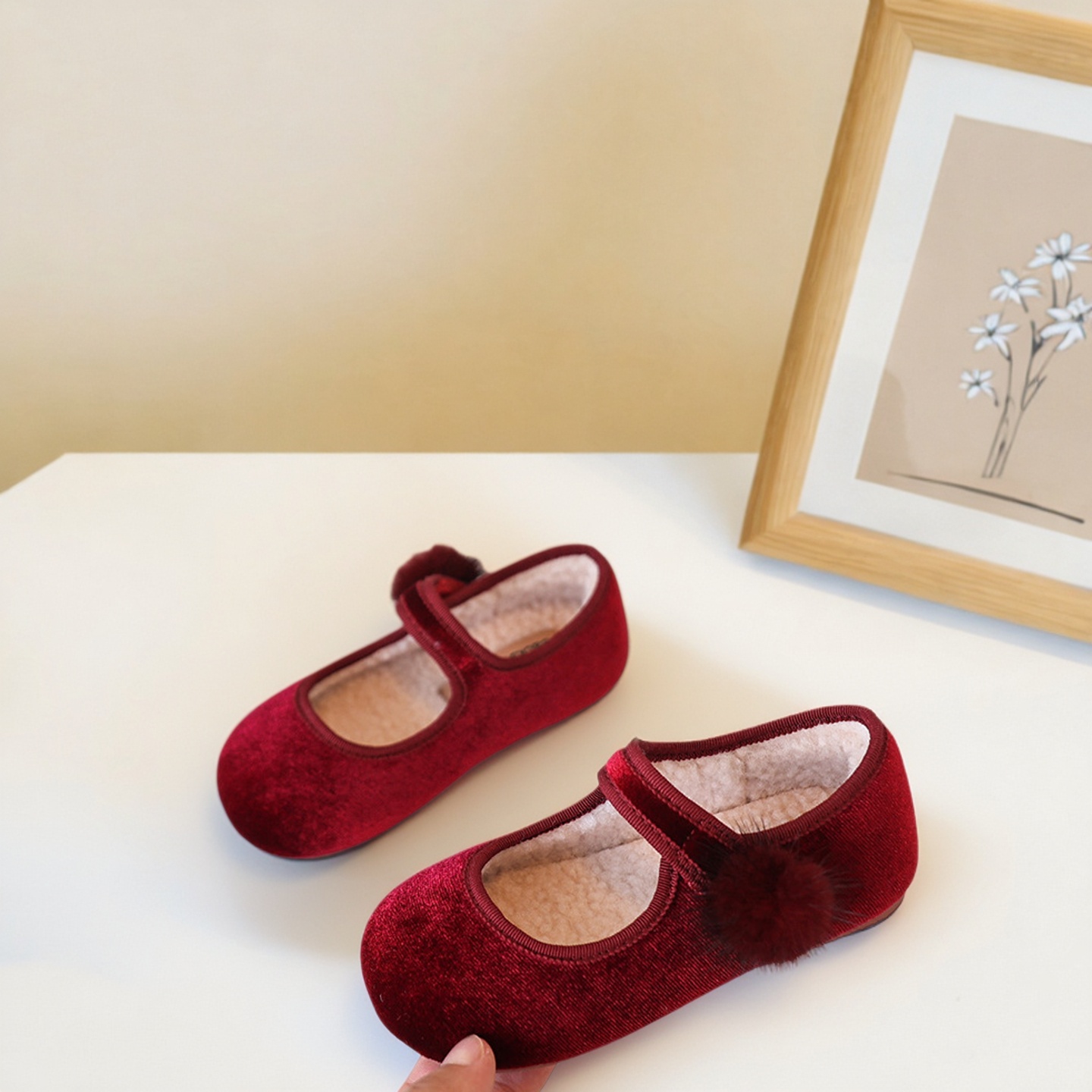 女童加绒公主鞋红色丝绒保暖棉鞋