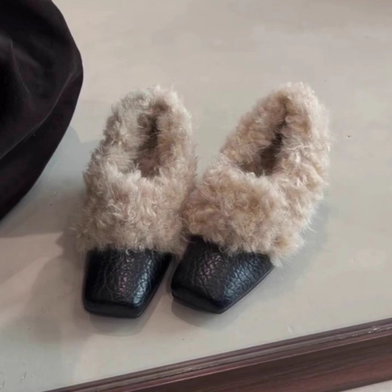 升级版~方头复古毛毛鞋一脚蹬内增高单鞋女棉鞋加绒保暖玛丽珍鞋