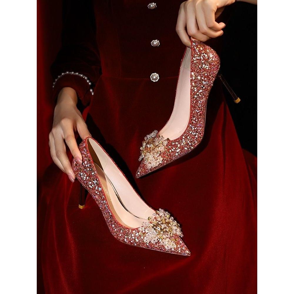 法式婚鞋女2024年新款红色新娘鞋高跟鞋中式秀禾敬酒服出门水晶鞋