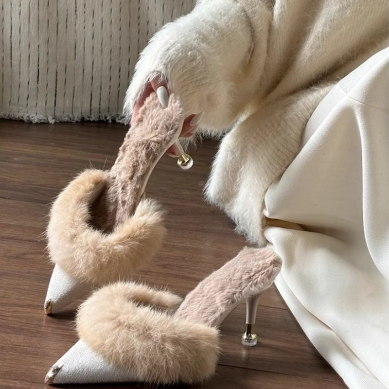 自留款刘真推荐~尖头高跟鞋加绒毛毛鞋女半拖秋冬2026年新款,女鞋,毛毛鞋,淘宝优惠券,粉丝福利购,淘宝优惠卷