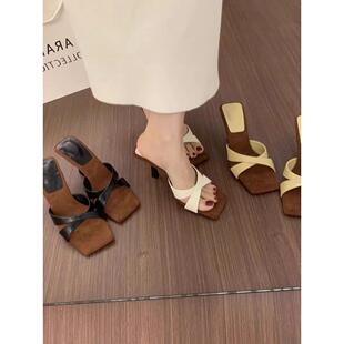 细跟凉拖鞋 绝美7cm高跟鞋 女夏外穿法式 名媛风交叉带露趾方头拖鞋