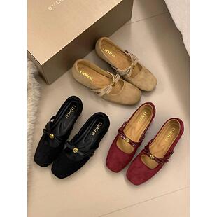 内增高绒面山茶花一脚蹬玛丽珍鞋2026年新款复古封红色单鞋女百搭