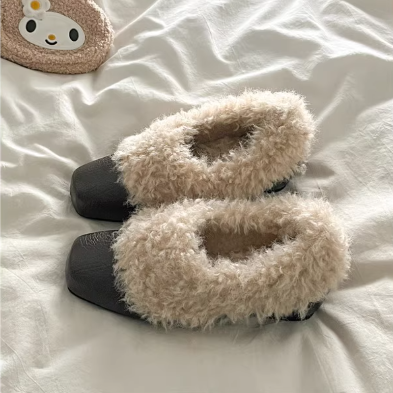 内增高法式方头一脚蹬玛丽珍毛毛鞋女2025秋冬季新款加绒保暖棉鞋