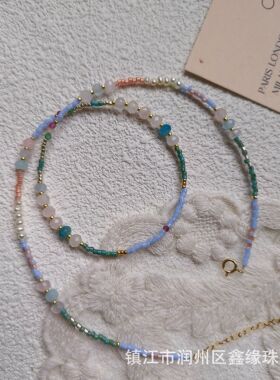 日本Miyuki古董珠长春花篮浅蓝紫项链女珍珠碧玺摩根石锁骨链小众