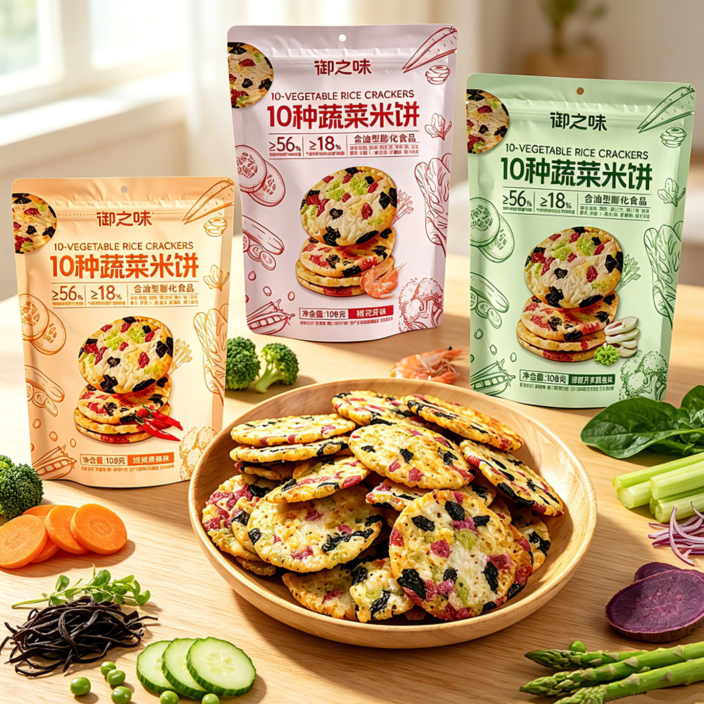 御之味10种蔬菜米饼108g袋装酥性饼干网红代餐休闲健康下午茶零食