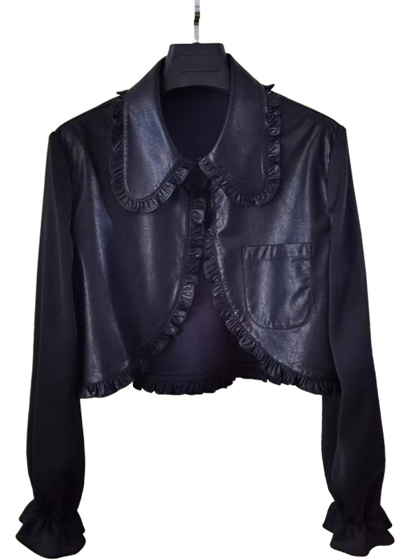 娃娃领薄款拼接黑色长袖外套灯笼袖坎肩修身衬衣纯色短款荷叶边秋