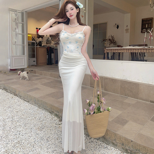 实拍法式 性感吊带礼服包臀裙 花朵蕾丝吊带拼接网纱连衣裙甜美修身