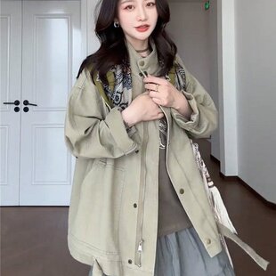 韩系设计感立领风衣短外套女春季 绿色夹克上衣潮 宽松显瘦百搭时尚