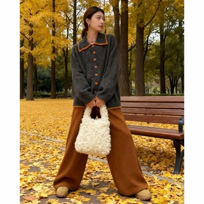 撞色翻领毛衣开衫外套女2025新款冬季加厚中长款慵懒松弛感毛线衣