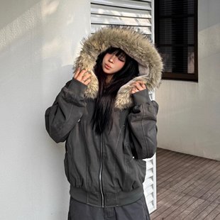 派克服短款羽绒棉服女仿兔毛大毛领连帽棉衣2025冬外套美式复古