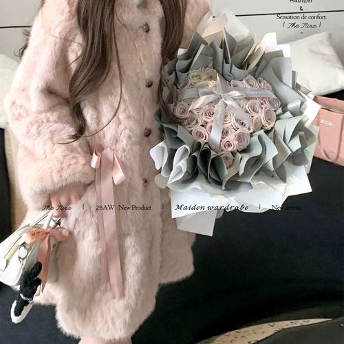 THETURE中古粉貂环保皮草毛毛外套女中长款皮毛一体秋冬新款大衣