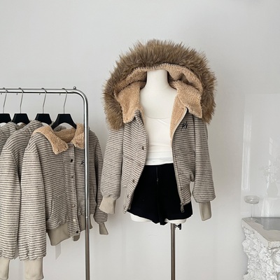 iNSLiiSA 美式条纹连帽毛领卫衣外套女长袖秋冬新款休闲拉链上衣