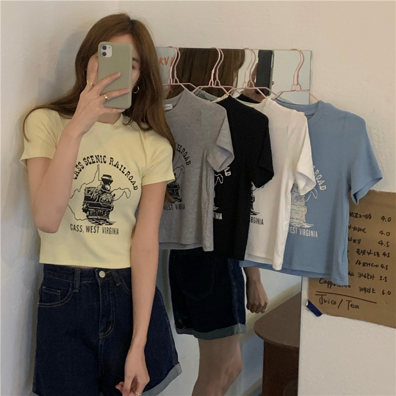 Real price real shot 2021 summer new worn out letter printing slim fit short versatile round neck short sleeve T-shirt girl