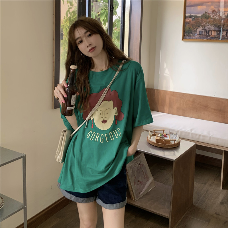 Real price real shooting t-shirt design small majority female 2021 new cartoon portrait printing loose and thin short sleeve top