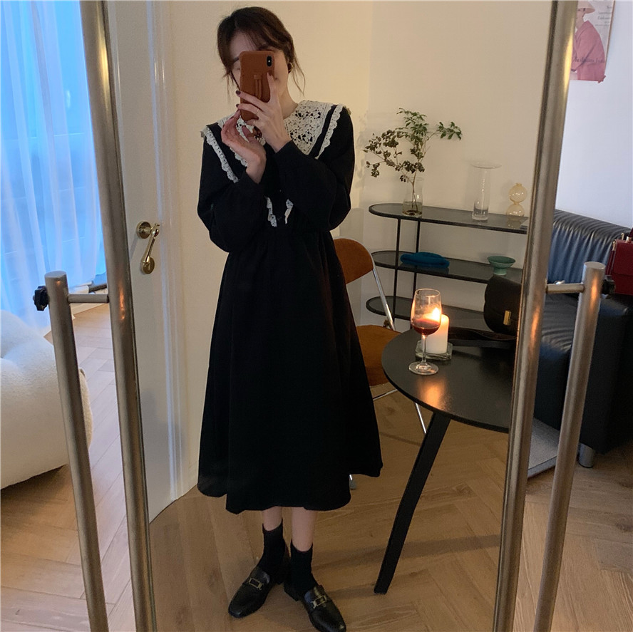 Real shot real price Korean lace doll collar retro French waist slim mid long dress