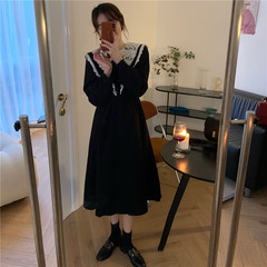 Real shot real price Korean lace doll collar retro French waist slim mid long dress
