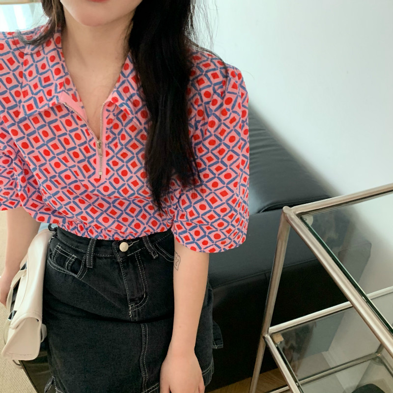 2021 Korean new polo collar design sense bubble sleeve short sleeve short elastic waist shirt women's fashion