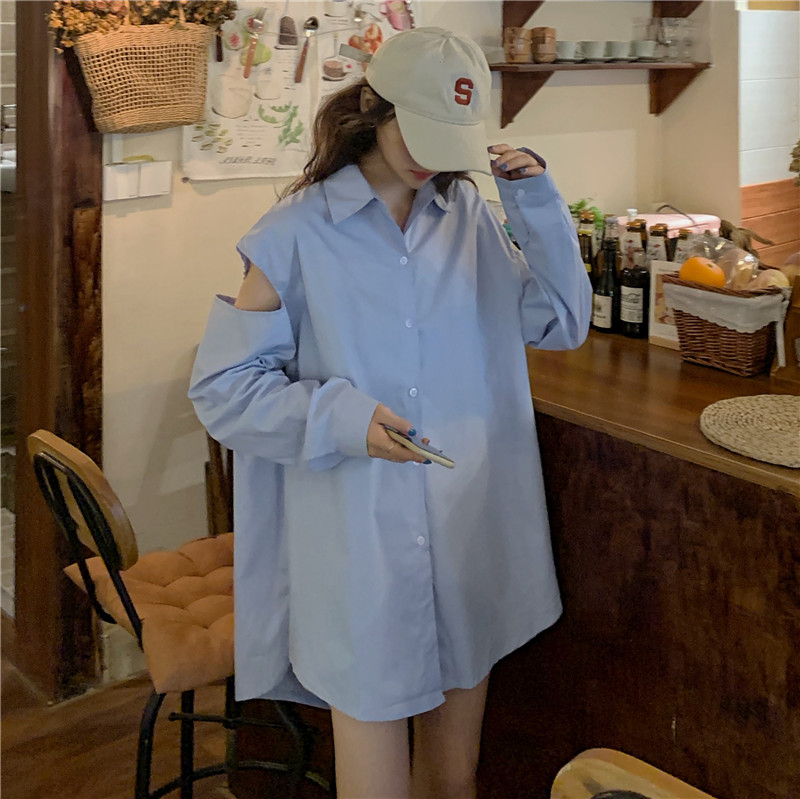 South Korea chic shirt women's design niche 2021 new off shoulder long sleeve loose and thin top