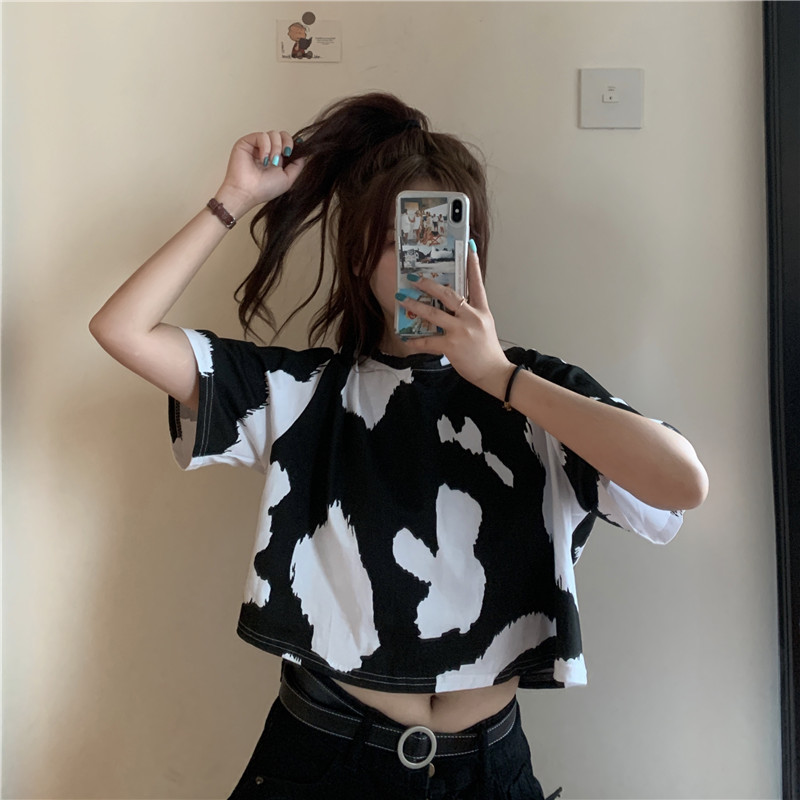 Real price real shot Korean personalized Cow Print loose and versatile short sleeve T-shirt for girlfriends