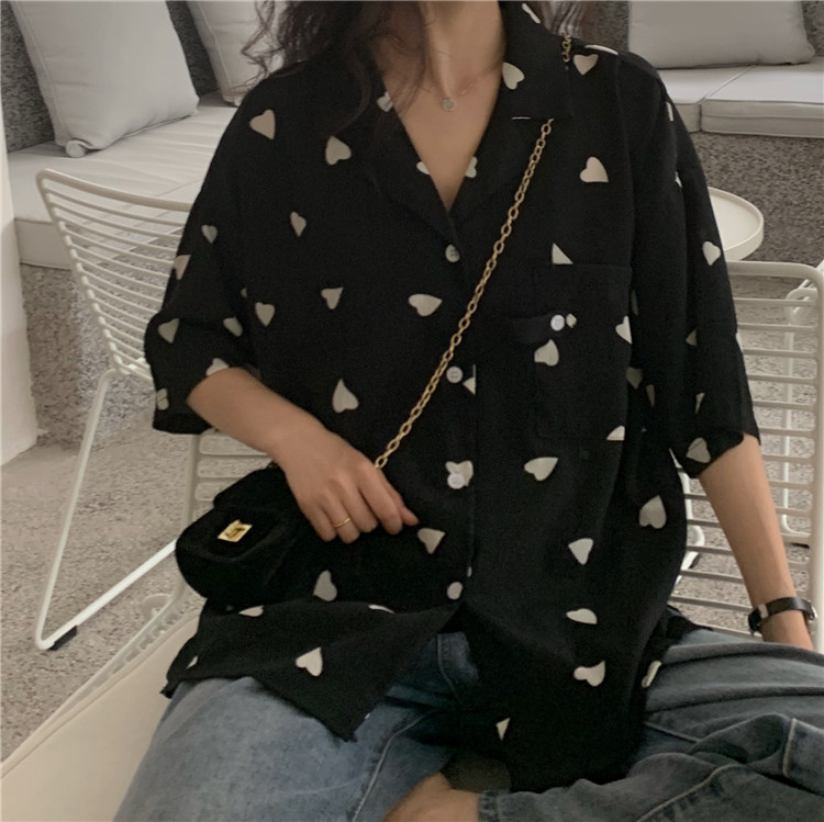 New Korean Polo neck chic short sleeve Polka Dot Shirt