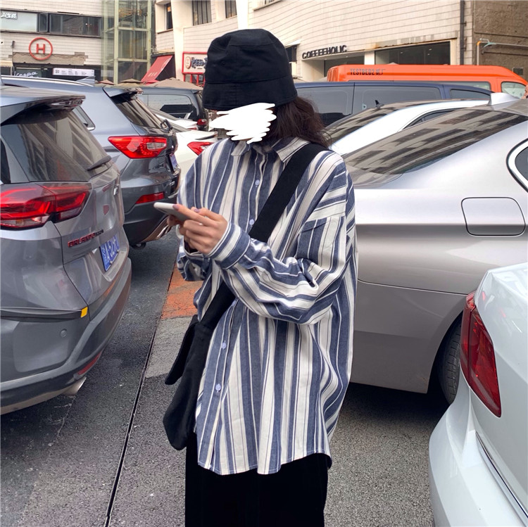 Real price real shot Korean version BF loose Stripe Shirt Medium Long versatile long sleeve casual shirt