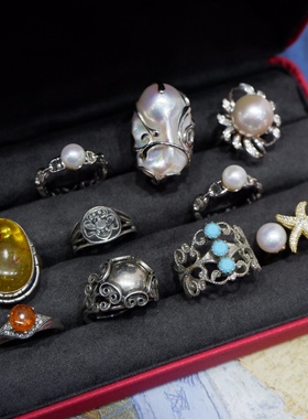 戒指小集 Vintage天然琥珀老银戒指以及店铺自制天然淡水珍珠戒指