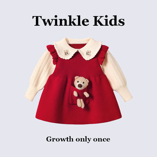 Twinkle Kids~女童针织连衣裙春秋女宝立体熊翻领毛衣周岁公主裙