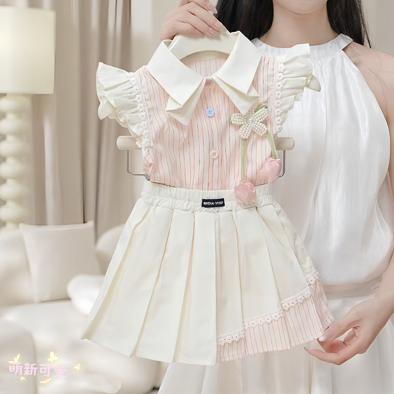 女童条纹衬衫短袖短裙套
