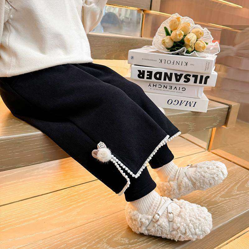 Annakids韩国潮牌童装女童加绒裤子秋冬季加厚假两件直筒阔腿长裤