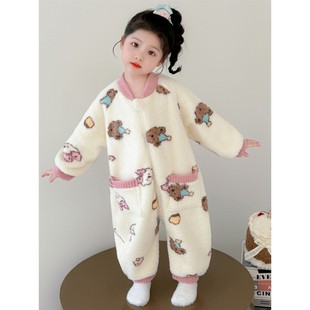 Annakids韩国潮牌女孩连体睡衣秋冬小宝防着凉睡袋珊瑚绒家居爬服