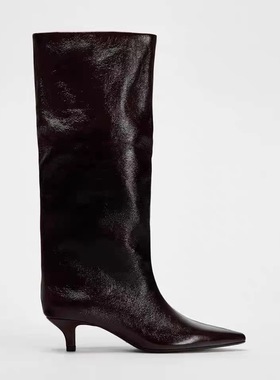 ZA秋冬新品绛红色尖头小猫跟骑士靴不过膝长靴大围度高筒长靴女