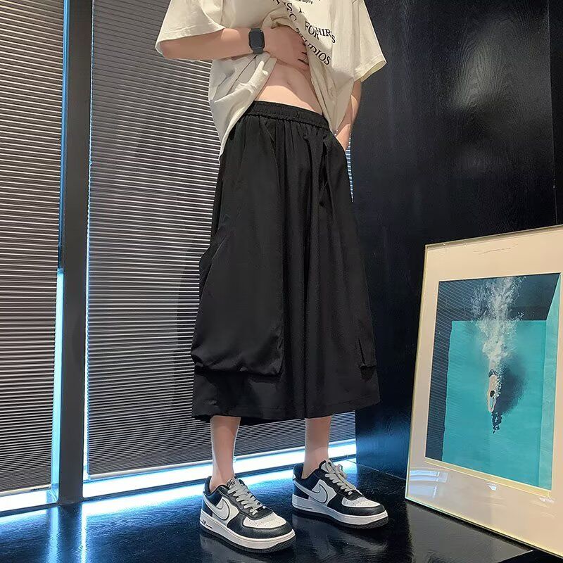 夏季日系大口袋工装过膝短裤男女同款美式街头宽松绑带休闲阔腿裤