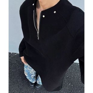 亨利衫华夫格半拉链设计感短袖男高街重磅美式日系T恤痞帅小众潮