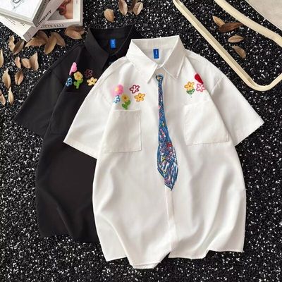 花卉刺绣短袖衬衫男款夏季蜡笔手绘领带学院风衬衣设计感情侣外套
