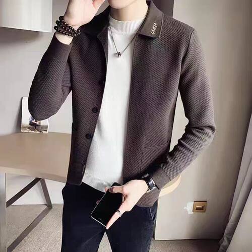 针织开衫外套男春秋季潮牌刺绣宽松翻领毛衣男高级感线衣外套