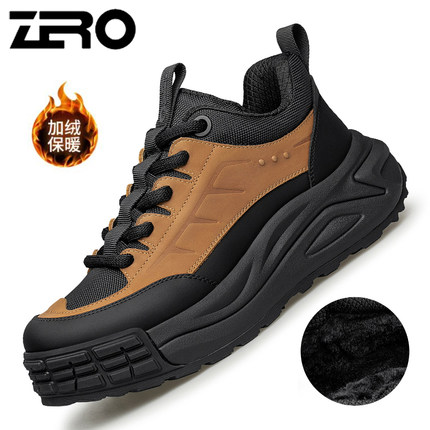 零度冬季真皮撞色厚底防滑户外运动休闲鞋加绒保暖低帮徒步鞋男鞋