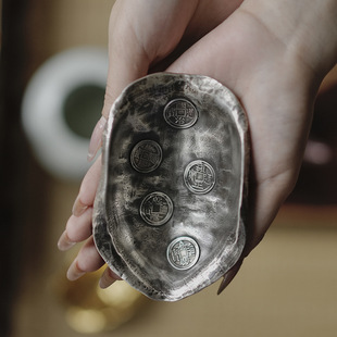 中式复古龟壳五帝钱茶则纯银茶荷天然龟甲手工功夫茶道零配