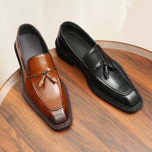 男士乐福鞋商务休闲皮鞋男真皮正装流苏一脚蹬复古老钱风轻便男鞋
