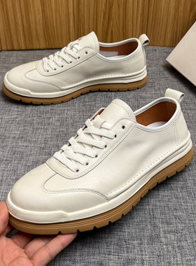 欧货轻奢牛皮男鞋2026新款四季通用休闲鞋透气软皮小白鞋外贸版本