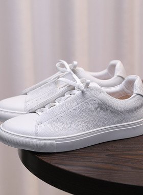 2026春季新款头层真皮小白鞋一脚蹬套穿荔枝纹柔软男士休闲鞋皮鞋