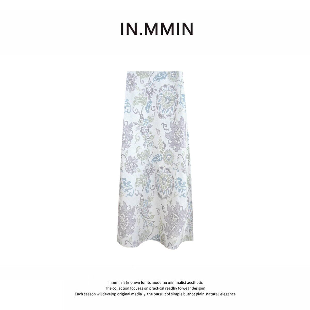 IN.MMIN清冷氛围感浅底花卉印花弹力腰A字半身裙-bq5233