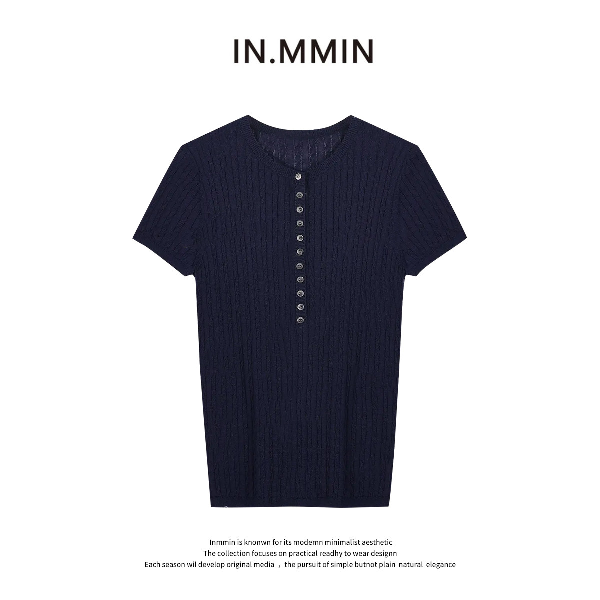 INMMIN 半开领短袖修身显瘦针织衫2025气质简约100天丝绝美上衣女